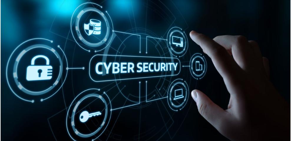 Cybersecurity graphic with a hand pushing buttons